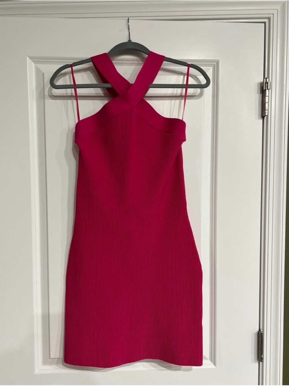 Aritzia Babaton Hot Pink Cross-Neck Ribbed Mini Dress